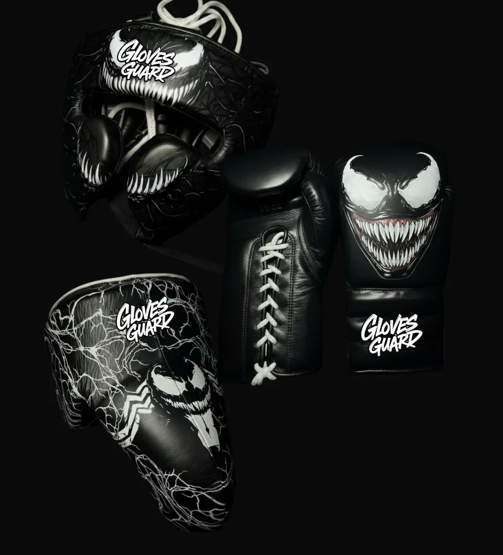 Black boxing gloves with Venom design and 'Gloves Guard' branding on a black background